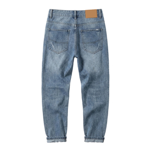Jeans en denim pour homme coupe droite à jambe large avec logo personnalisé, effet vieilli, en coton/élasthanne, style hip-hop, délavé, streetwear - Product Image 3