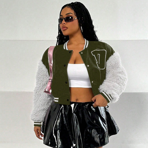 Green Gray Women Letter Graphic Striped Trim Rave Varsity Jacket With Custom Size Logo Design College Baseball Varsity Jackets - Product Image 2