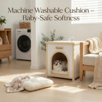 Maison pour animaux de compagnie en cèdre massif avec toit en acrylique, couleur crème, jaune clair, pour petits chiens et chats, style villa moderne pour salon intérieur