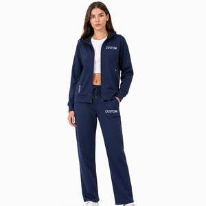 Ensemble de survêtement deux pièces bleu marine pour femme, veste zippée et pantalon droit, tenue d'entraînement mi-lourde, fournisseur de vêtements personnalisés avec logo OEM - Product Image 1