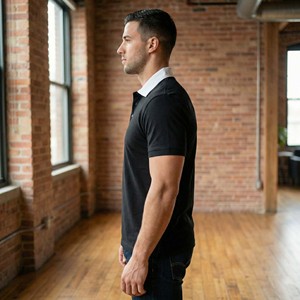 Vente en gros de vêtements streetwear pour hommes avec logo personnalisé, chemise en tricot imprimée, col contrastant blanc, demi-zip noir, minimaliste, OEM - Product Image 3