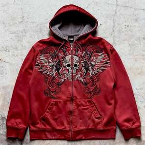 Sudadera con capucha unisex oversize con cremallera, estilo vintage lavado, streetwear americano, gráfico de calavera y alas, gótica con contraste, gran oferta 2026 - Product Image 1