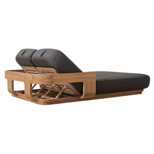 Chaise longue double noire en teck massif, moderne, pour extérieur, avec dossier réglable, pour piscine, villa, jardin - Product Image 2