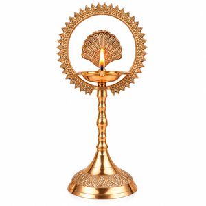 Brass Standing Diya Oil Lamp with Decorative Halo <b>Ring</b> Traditional Deepam for Puja Home Temple Diwali Wedding Decor - Product Image 1
