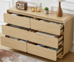 Nouvelle arrivée : Commode minimaliste en bois clair à 6 tiroirs, OEM, meuble de rangement moderne incurvé pour chambre, hôtel, maison et bureau. - Product Image 6