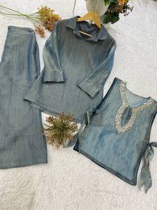 Nouvel ensemble chemise et pantalon de créateur pour femme, brodé à la main, boléro réversible – Extensible, infroissable, séchage rapide, SALSA SILK, idéal pour toutes les occasions - Product Image 6