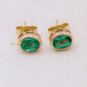 Wholesale 14K Solid Yellow Gold Natural Oval <b>Emerald</b> Bezel Set Stud Earrings Memoria Jewels - Product Image 1