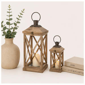 Modern Farmhouse Wood & Metal <b>Candle</b> Lantern <b>Set</b> of 2 Rustic Distressed Firwood Decorative Floor Lanterns for Living Room Decor - Product Image 5