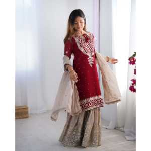 ชุดปาร์ตี้ออกแบบโดยดีไซเนอร์ของผู้หญิงมีลายปักเสื้อพลาซโซและ dupatta - Product Image 6