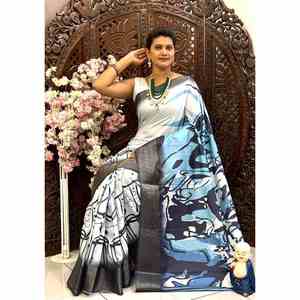 DISEÑADOR DOLA SILK DIGITAL PRINT KANJIWARAM FRONTERA TRABAJO SAREE CON BLUSA DESECHADA NEGRO - Product Image 1