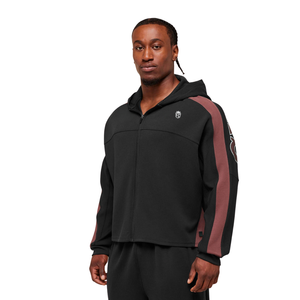 Sudadera con capucha negra para hombre con cremallera, paneles de contraste en las mangas, forro polar premium, estilo deportivo informal y urbano. - Product Image 2