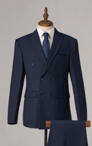 Costume d'affaires bleu marine croisé pour homme, col cranté, en mélange de laine infroissable, tenue formelle - Product Image 6