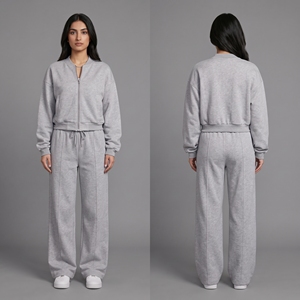 <b>Women</b> Cropped Bomber Jacket Zip Up Sweatshirt Wide Leg Sweatpants 2 Piece Tracksuit Set Casual <b>Fleece</b> <b>Jogger</b> Outfit Wholesale - Product Image 2