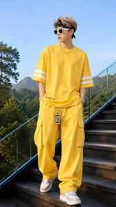 T-shirt Jaune Oversize Homme Manches Courtes Col Rond Coton Jersey Style Urbain Manches Rayées Blanches Couleur Unie Devant Respirant - Product Image 3