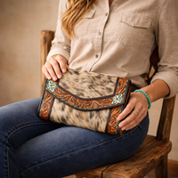 Pochette en cuir de vachette occidental, motif floral, incrustation turquoise, faite à la main, grande capacité, souple, prête à être expédiée, sac à main pour femme