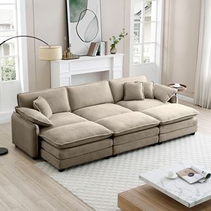 Sofá Cama Modular Extra Grande de Tela de Pana Color Bronceado con 3 Otomanas, 3 Reposapiés y Función de Cama - Product Image 1