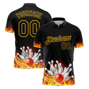 Custom Bowling Polo <b>Shirt</b> Men Black <b>Flame</b> Print Short Sleeve Quick Dry Sport Wear Personalized Name Number Design - Product Image 1