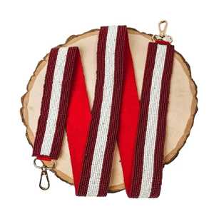 Glass Seed Beads Maroon White Striped Handbag Strap Shoulder Purse Handle Crossbody Fabric Belt Gold Metal Clasp Swivel <b>Clip</b> Bag - Product Image 1