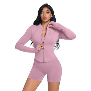Wholesale Women's Three-Piece Gym Wear Tracksuit with Full-Zip Running Jacket <b>Crop</b> <b>Top</b> & Yoga Shorts-Skinny Fit Front Logo - Product Image 6