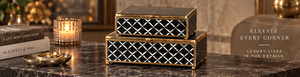 <b>Black</b> Geometric Glass Jewelry Storage Box Set with Gold Metal Frame Patterned Finish Soft Lining Decorative Keepsake Organizer - Product Image 3