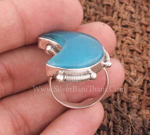 Anillo de Media Luna de Calcedonia Azul Vintage, Plata de Ley 925, Joyería con Piedra Preciosa de Luna Creciente, Anillo Retro Boho con Banda Punteada para Mujer - Product Image 5