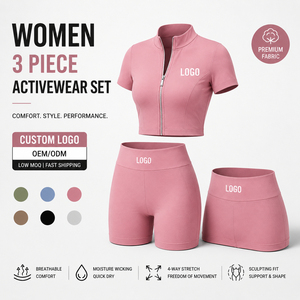 Ensemble de 3 pièces pour femme : jupe de sport, crop top zippé et short, en coton écologique, avec logo personnalisé, vente en gros - Product Image 1