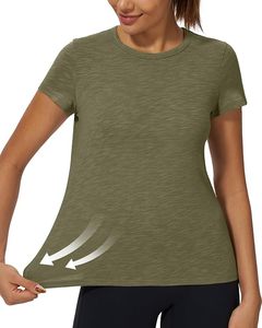 T-shirt à manches courtes col rond vert olive pour femme, couleur unie, coupe classique, 100% coton jersey, style décontracté, respirant - Product Image 4