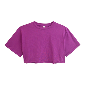 เสื้อครอปท็อปผู้หญิง คอกลม แขนสั้น ทรงหลวม ผ้าฝ้าย 100% ระบายอากาศได้ดี สีพื้น แฟชั่น - Product Image 2