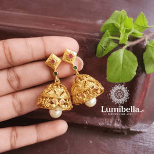 18K Gold Plated Square Stud Jhumka Earrings with Imitation Pearl and Zircon - Product Image 1
