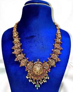 Parure de bijoux de mariée traditionnelle indienne en or massif 22 carats, collier Lakshmi en or/argent/laiton pour mariage - Product Image 1