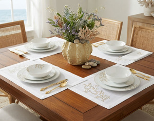 Ensemble de sets de table et de serviettes personnalisés en broderie or corail, luxe, en lin/coton blanc, pour la maison, la cuisine, le restaurant, lavables - Product Image 4
