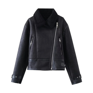 Blouson moto en cuir PU noir pour homme, col montant, fermeture éclair, doublure en fausse fourrure, coupe courte coupe-vent pour l'hiver - Product Image 1