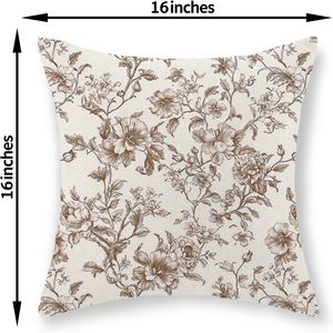 Set 2 Brown Cream Floral Chinoiserie <b>Throw</b> <b>Pillows</b> 16x16 Brown <b>Pillow</b> Covers Vintage Rustic Toile Flower Decorative <b>Pillows</b> - Product Image 1