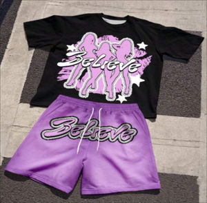 Ensemble deux pièces sérigraphié de haute qualité en coton, style vintage délavé, streetwear, t-shirt et short, logo personnalisé, coupe ample, pour hommes - Product Image 6