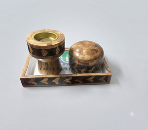 Juego de Quemador de Incienso de Sándalo con Incrustaciones, Tarro de Almacenamiento de Bakhoor Mubkhar y Bandeja - Regalo Aromático Indio Hecho a Mano y Ecológico - Product Image 1