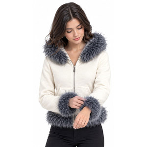 Women's Cream Hooded Zip-Up Faux <b>Fur</b> <b>Trimmed</b> Winter Jacket Short Sleeve Windproof Solid Color Fleece Hoodies - Product Image 5