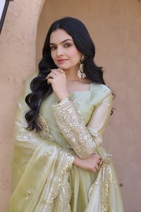 Elegante Conjunto de Vestido Anarkali de Seda Fendi para Mujer, Vestido Bordado con Lentejuelas Zari, Dupatta, Sin Arrugas, de Secado Rápido, para Bodas y Fiestas - Product Image 2