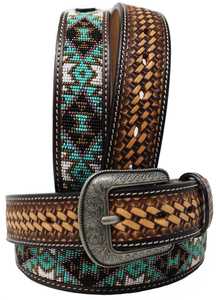 Premium Vintage Western Genuine <b>Leather</b> Alloy Pin Buckle Geometric <b>Tooling</b> Beaded Inlay Handcrafted Cowboy Style <b>Belt</b> - Product Image 3