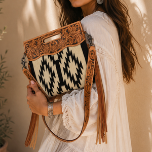 Western Tooled Leather Crossbody Bag Handmade Fringe Shoulder Purse Southwestern Tribal Woven <b>Handbag</b> Women Boho Travel Eco - Product Image 2