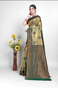 Green Gold Silk <b>Saree</b> with Embroidered Border <b>for</b> <b>Women</b> Traditional Indian & Pakistani Wedding Diwali Party Wear Sun Protection - Product Image 3