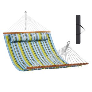 12 FT Double Quilted Fabric <b>Hammock</b> with Detachable Pillo Hardwood Spreader Bars for 2 Persons - Product Image 1