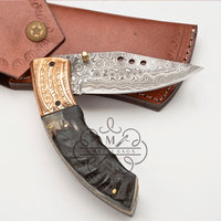 Couteau de poche pliant en acier de Damas, manche en corne de taureau fait main avec poinçon en laiton gravé