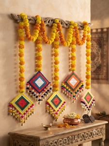Wholesale Pack Handmade Artificial Marigold Fluffy <b>Flower</b> Garland Colorful Plastic Diamond <b>Mirror</b> Latkan Traditional Home Decor - Product Image 5