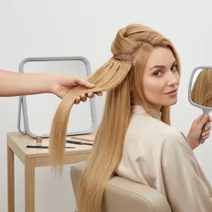 Extensions de cheveux humains Remy longs et lisses couleur miel, à clipser, ensemble complet pour la tête, densité 100 %, taille personnalisable - Product Image 6