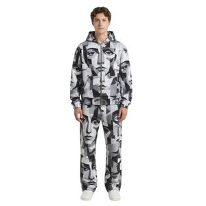 Ensemble de survêtement en molleton pour homme avec motif floral violet et vert lime, comprenant un sweat à capuche et un pantalon de jogging, style streetwear vibrant, deux pièces assorties - Product Image 5