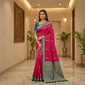 Sari en soie Banarasi tissé, dernier design, avec franges, pour les occasions festives, disponible à prix abordable. - Product Image 1
