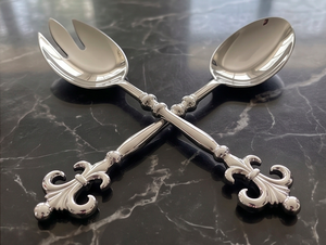 Juego de servidores de ensalada plateados con diseño de Fleur de Lis, acabado pulido espejo, resistente al deslustre, apto para lavavajillas, para banquetes y fiestas. - Product Image 2