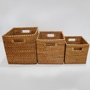 Natural Rattan Woven Rustic Style <b>Square</b> Multifunction Storage <b>Basket</b> Set Eco-friendly Home Organizer for Laundry Storage - Product Image 2