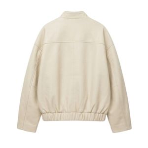 Custom White Sheepskin <b>Leather</b> <b>Jacket</b> Breathable Minimalist Elastic Hem Spread Neckline Full Sleeves <b>Plus</b> Women Coats - Product Image 2