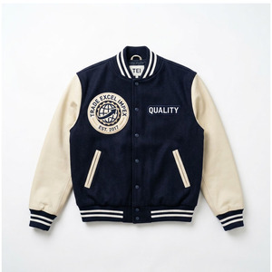 Veste universitaire blanche pour homme avec manches beiges, col montant, logo sur le devant, tissu en laine écologique et à séchage rapide - Vêtement d'hiver décontracté - Product Image 2